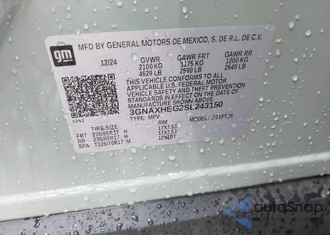 2025 Chevrolet Equinox Fwd Lt из США, поврежденный, VIN 3GNAXHEG2SL243150